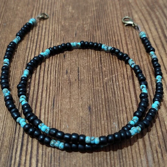 Black and Turquoise Beaded Necklace,  Handmade Men's Necklace,  Black - Picture 5 of 6